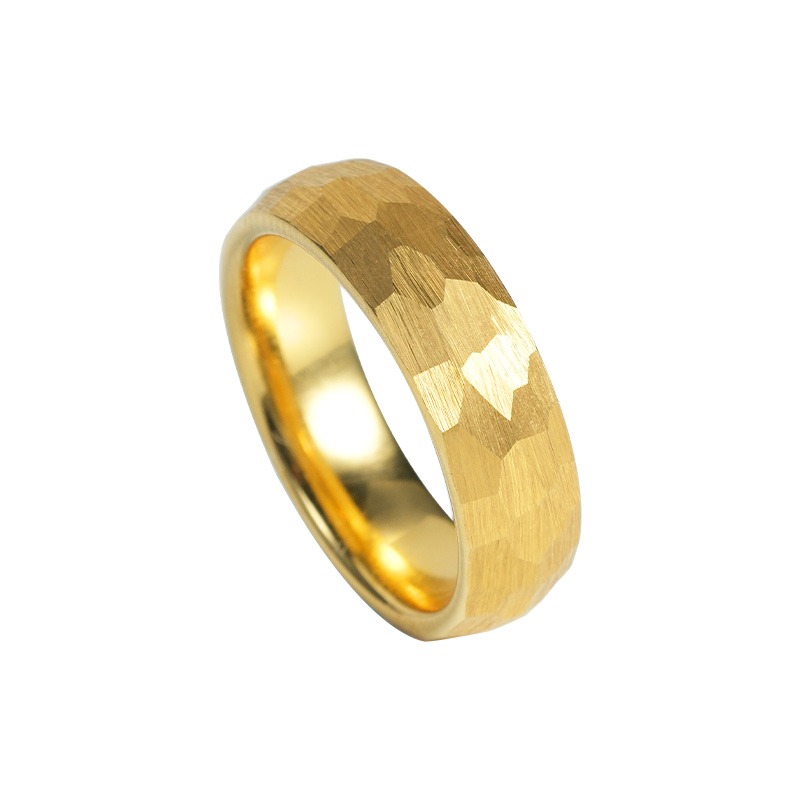 6mm Hammered Ring for Men, Plain Ring with Gold Plated Personality, High-Grade Wide Ring, Fashionable Index Finger Female Pinky Ring, Retro Hammered Tungsten Ring - Durable and Stylish Choice for Men