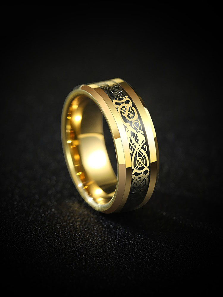 8mm Men's Domineering Dragon Pattern Tungsten Gold Ring Plated With Gold Trendy Index Finger High-End Retro Pinky Ring Female Black Ring Couple Personality Fashion Durable