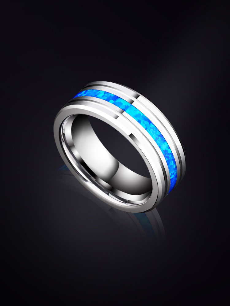 8mm Men's Opal Trend Single Index Finger Pinky Ring Tungsten Gold Men's Ring Ring Inlaid with Blue Opal Durable and Versatile Personality Student Simple
