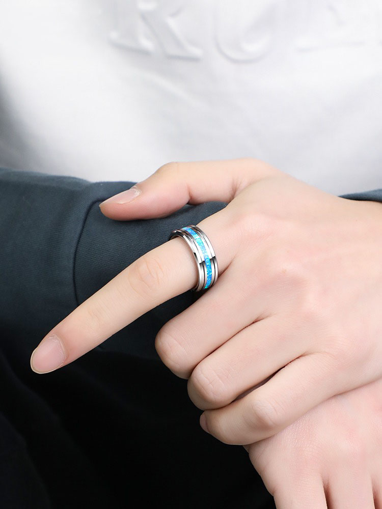 8mm Men's Opal Trend Single Index Finger Pinky Ring Tungsten Gold Men's Ring Ring Inlaid with Blue Opal Durable and Versatile Personality Student Simple