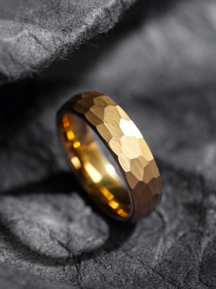 6mm Hammered Ring for Men, Plain Ring with Gold Plated Personality, High-Grade Wide Ring, Fashionable Index Finger Female Pinky Ring, Retro Hammered Tungsten Ring - Durable and Stylish Choice for Men