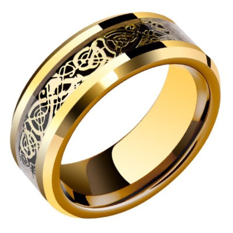 8mm Men's Domineering Dragon Pattern Tungsten Gold Ring Plated With Gold Trendy Index Finger High-End Retro Pinky Ring Female Black Ring Couple Personality Fashion Durable