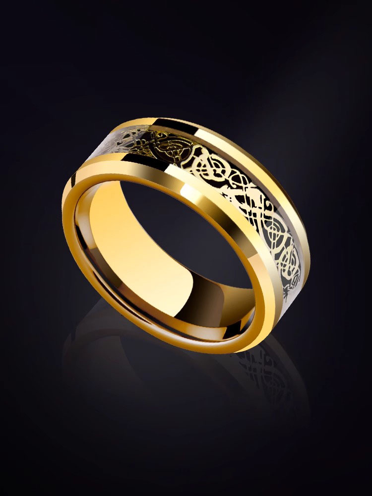 8mm Men's Domineering Dragon Pattern Tungsten Gold Ring Plated With Gold Trendy Index Finger High-End Retro Pinky Ring Female Black Ring Couple Personality Fashion Durable