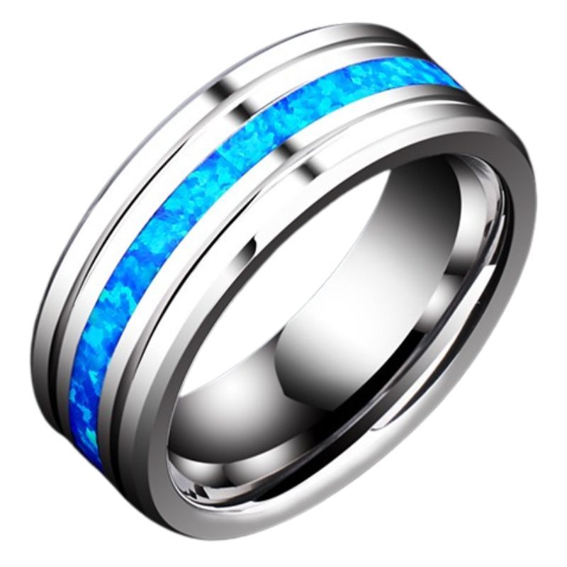 8mm Men's Opal Trend Single Index Finger Pinky Ring Tungsten Gold Men's Ring Ring Inlaid with Blue Opal Durable and Versatile Personality Student Simple