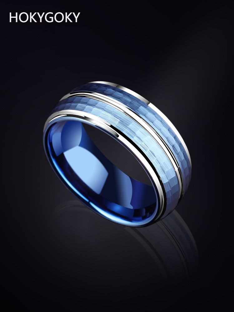 8mm Ring Men's Blue Hammer Pattern Hip Hop Single Index Finger Fashion Tungsten Ring Personality Pinky Ring Men's Tungsten Ring-Fashionable Aurora Blue and Silver Hammer Pattern Design, Durable and Comfortable