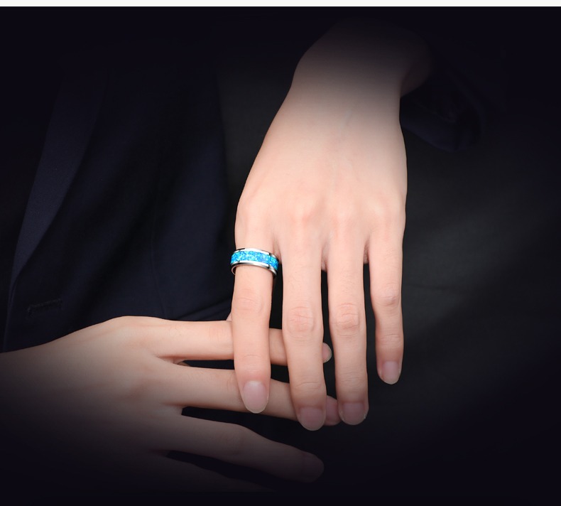 8mm Opal Ring Men's High-end Ring Inlaid with Synthetic Opal Trend Blue Single Tungsten Gold Wide Ring Light Luxury Fashion