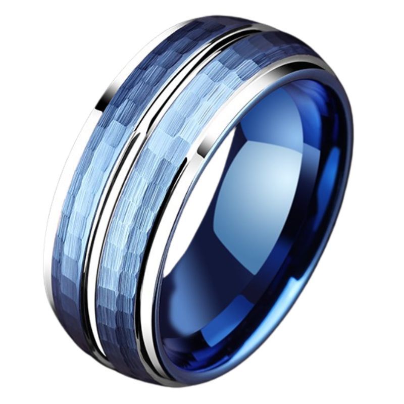 8mm Ring Men's Blue Hammer Pattern Hip Hop Single Index Finger Fashion Tungsten Ring Personality Pinky Ring Men's Tungsten Ring-Fashionable Aurora Blue and Silver Hammer Pattern Design, Durable and Comfortable