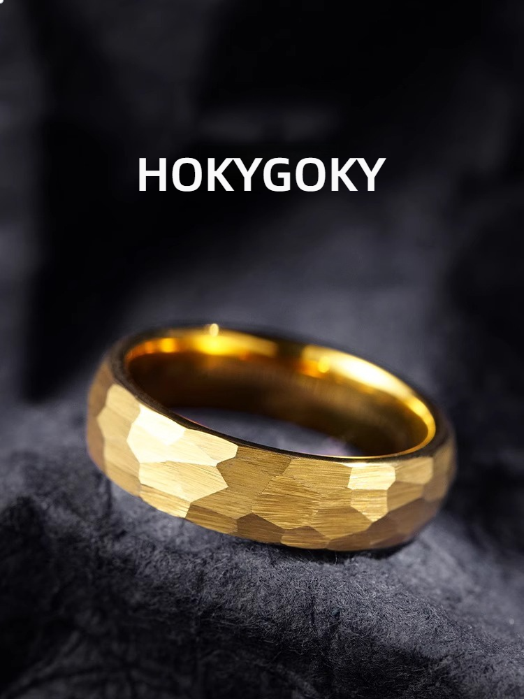 6mm Hammered Ring for Men, Plain Ring with Gold Plated Personality, High-Grade Wide Ring, Fashionable Index Finger Female Pinky Ring, Retro Hammered Tungsten Ring - Durable and Stylish Choice for Men