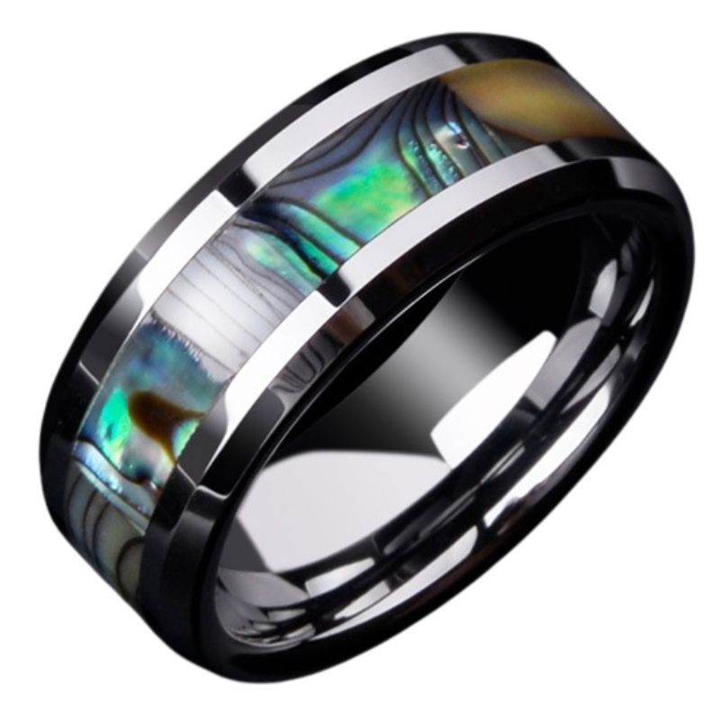 Colorful Shell Trendy Men's Personalized Pinky Ring, High-End Index Finger Single Ring, Unisex Tungsten Ring, Inlaid with Deep Sea Shells - Fashionable, Durable, Multifunctional