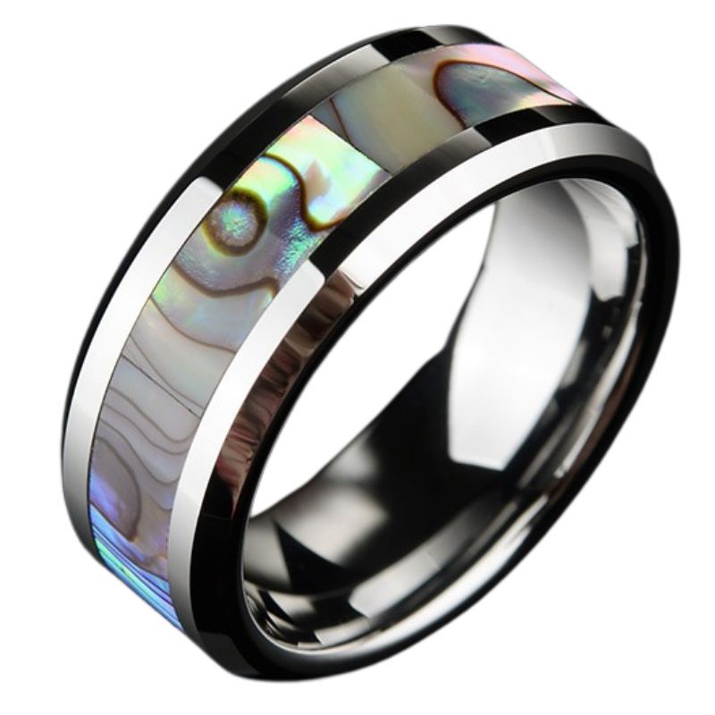 Colorful Shell Trendy Men's Personalized Pinky Ring, High-End Index Finger Single Ring, Unisex Tungsten Ring, Inlaid with Deep Sea Shells - Fashionable, Durable, Multifunctional