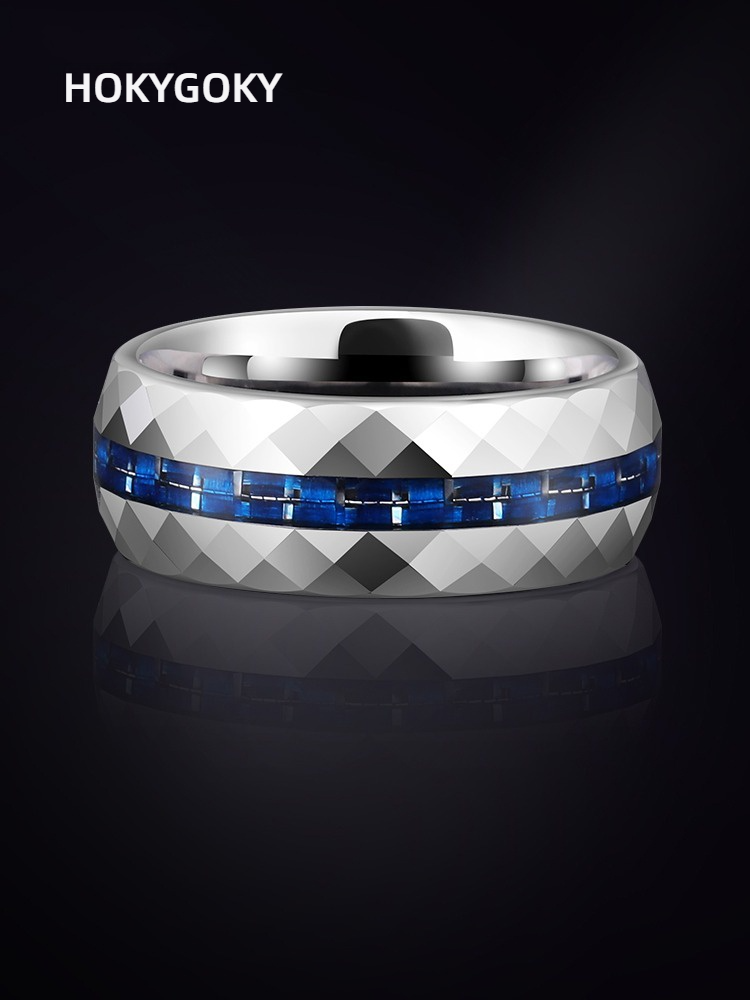 8mm Men's Ring Trendy Niche Design, Blue High-End Index Finger, Single Personality Fashion Ring, Gift for Boyfriend, Fashionable Men's Ring - 857 Tungsten Gold Inlaid with Blue Carbon Fiber, Trendy and Durable