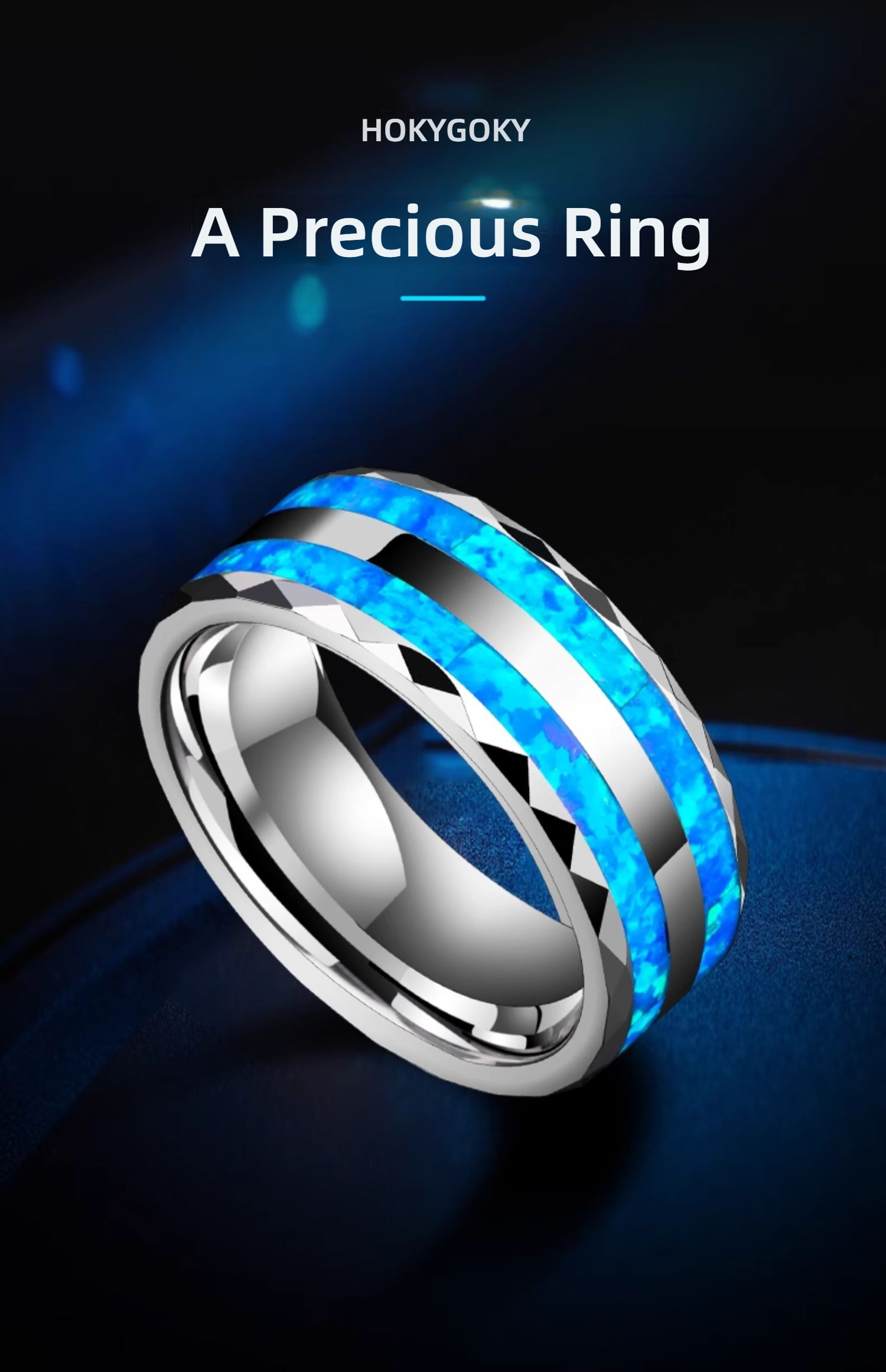8mm Men's Opal Tungsten Gold Blue High-End Light Luxury Single Index Finger Trendy Ring Personality Fashion Men's Ring - 857 Tungsten Gold Inlaid Blue Synthetic Opal, Scratch-Resistant and Wear-Resistant