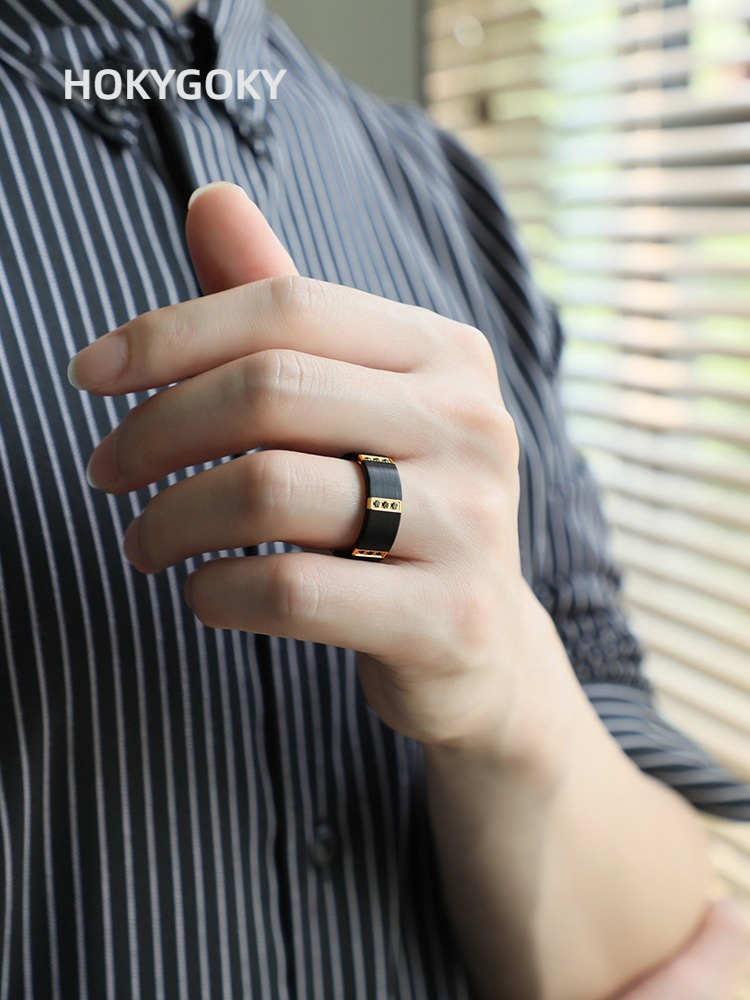 8mm Men's Zircon Ring Trendy Personality Index Finger Couple Tungsten Steel Black Wide Version Ring Tungsten Gold Men's Ring, Six Rows of Zircon Inlay, Strong and Wear-Resistant, Fashionable and Luxurious, Support Engraving