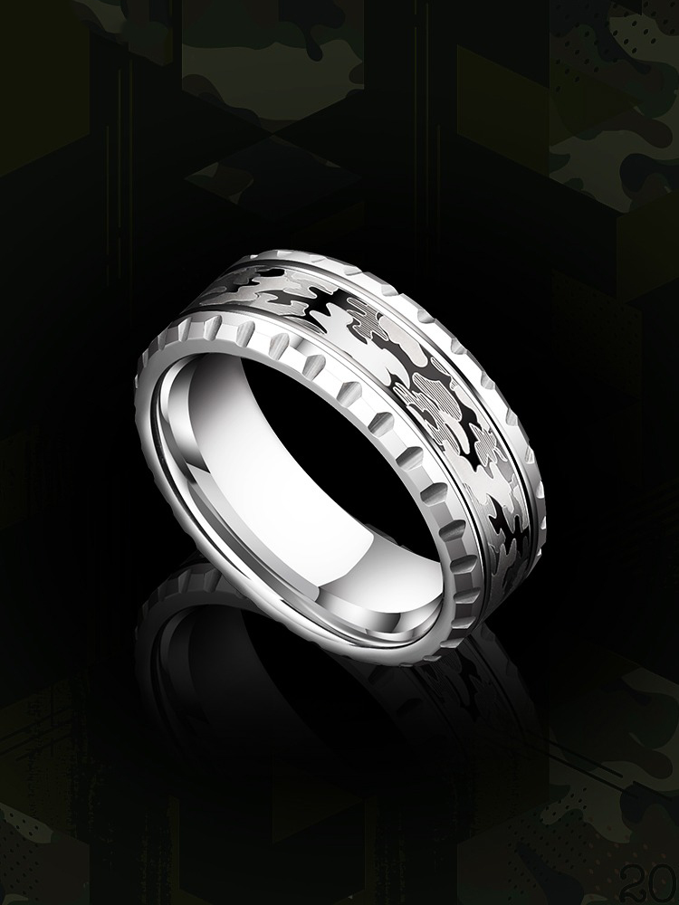 8mm Men's Ring Camouflage Tungsten Ring Index Finger Single Ring Middle Finger Trend Hip-Hop Ins Personality Domineering Retro Simple Tail Ring Durable and Fashionable