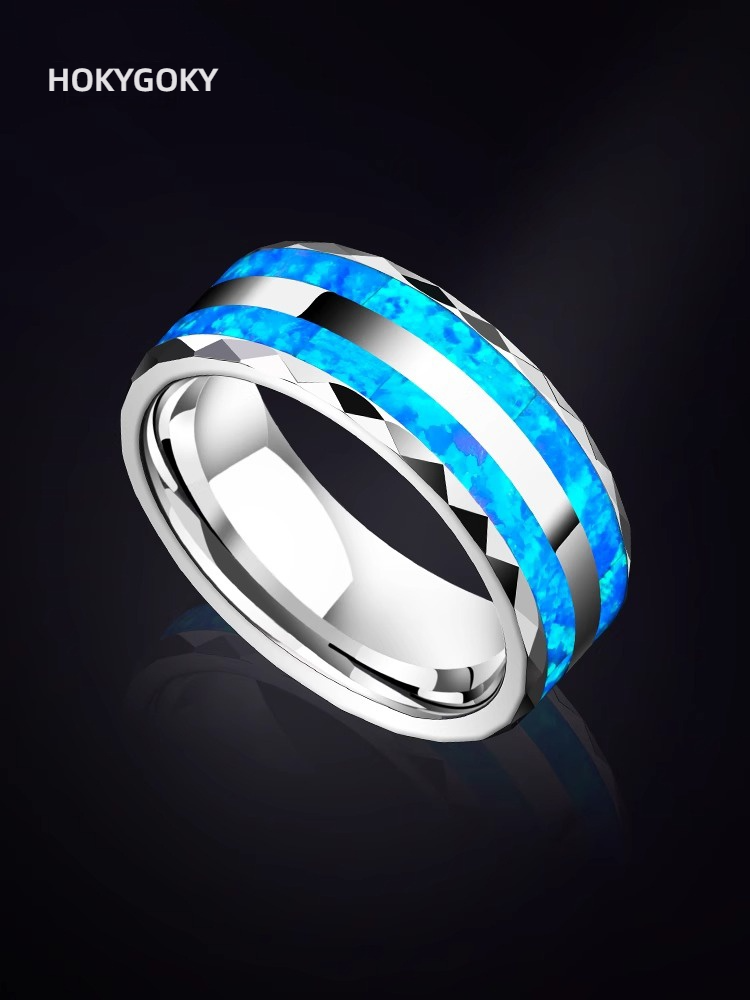 8mm Men's Opal Tungsten Gold Blue High-End Light Luxury Single Index Finger Trendy Ring Personality Fashion Men's Ring - 857 Tungsten Gold Inlaid Blue Synthetic Opal, Scratch-Resistant and Wear-Resistant