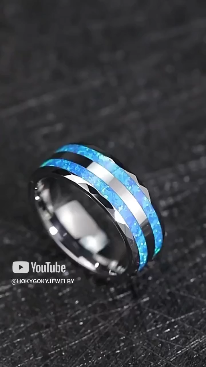 8mm Men's Opal Tungsten Gold Blue High-End Light Luxury Single Index Finger Trendy Ring Personality Fashion Men's Ring - 857 Tungsten Gold Inlaid Blue Synthetic Opal, Scratch-Resistant and Wear-Resistant