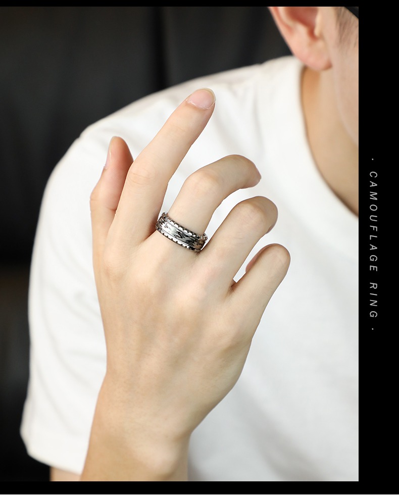 8mm Men's Ring Camouflage Tungsten Ring Index Finger Single Ring Middle Finger Trend Hip-Hop Ins Personality Domineering Retro Simple Tail Ring Durable and Fashionable