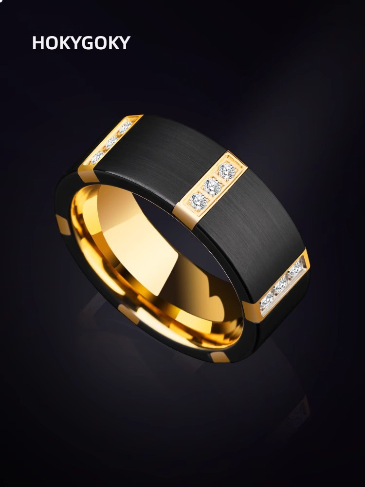 8mm Men's Zircon Ring Trendy Personality Index Finger Couple Tungsten Steel Black Wide Version Ring Tungsten Gold Men's Ring, Six Rows of Zircon Inlay, Strong and Wear-Resistant, Fashionable and Luxurious, Support Engraving