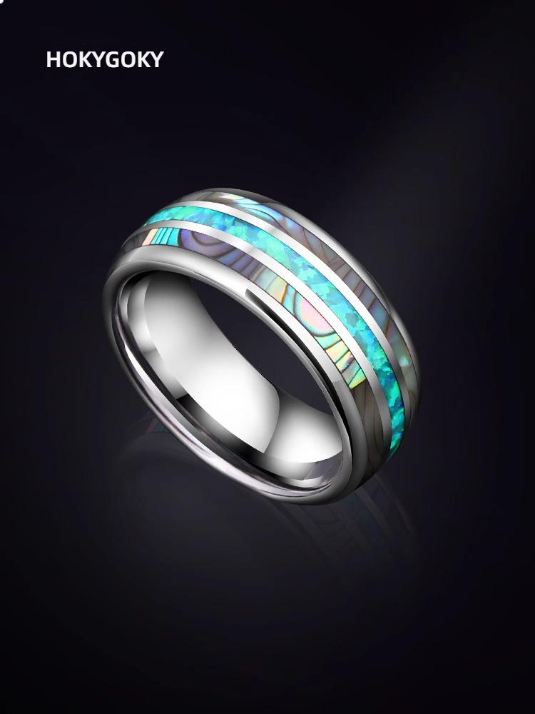 8mm Men's RingTrendy Niche Design, High-End Index Finger Ring, Light Luxury Ring, Pinky Ring, Men's Fashion Ring-857 Tungsten Gold Inlaid with Opal and Colorful Shells, Trendy and Durable