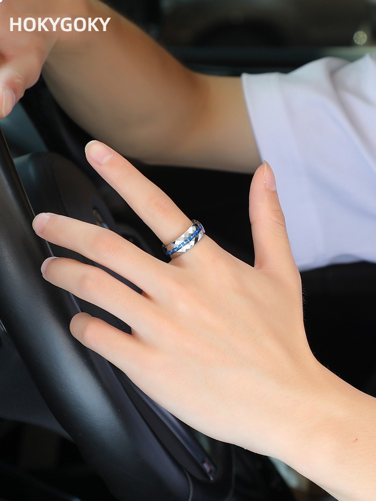 8mm Men's Ring Trendy Niche Design, Blue High-End Index Finger, Single Personality Fashion Ring, Gift for Boyfriend, Fashionable Men's Ring - 857 Tungsten Gold Inlaid with Blue Carbon Fiber, Trendy and Durable