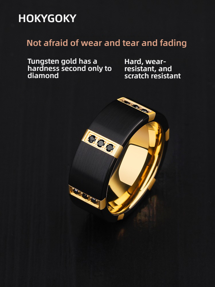 8mm Men's Zircon Ring Trendy Personality Index Finger Couple Tungsten Steel Black Wide Version Ring Tungsten Gold Men's Ring, Six Rows of Zircon Inlay, Strong and Wear-Resistant, Fashionable and Luxurious, Support Engraving