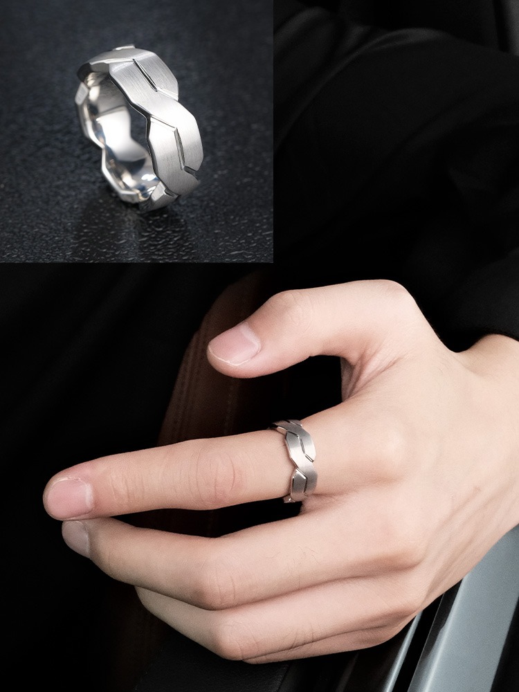 8mm Men's Ring Wide Version Silver Tungsten Simple High-end Fashion Black Ring Women's Irregular Trendy Brand Index Finger Elegant and Tough Collision