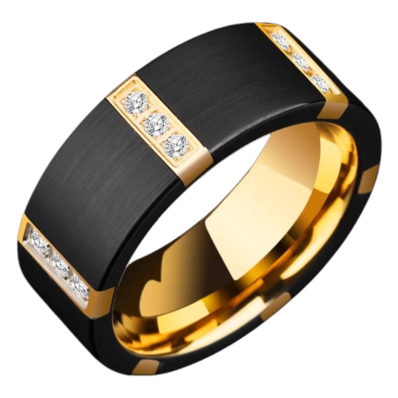 8mm Men's Zircon Ring Trendy Personality Index Finger Couple Tungsten Steel Black Wide Version Ring Tungsten Gold Men's Ring, Six Rows of Zircon Inlay, Strong and Wear-Resistant, Fashionable and Luxurious, Support Engraving