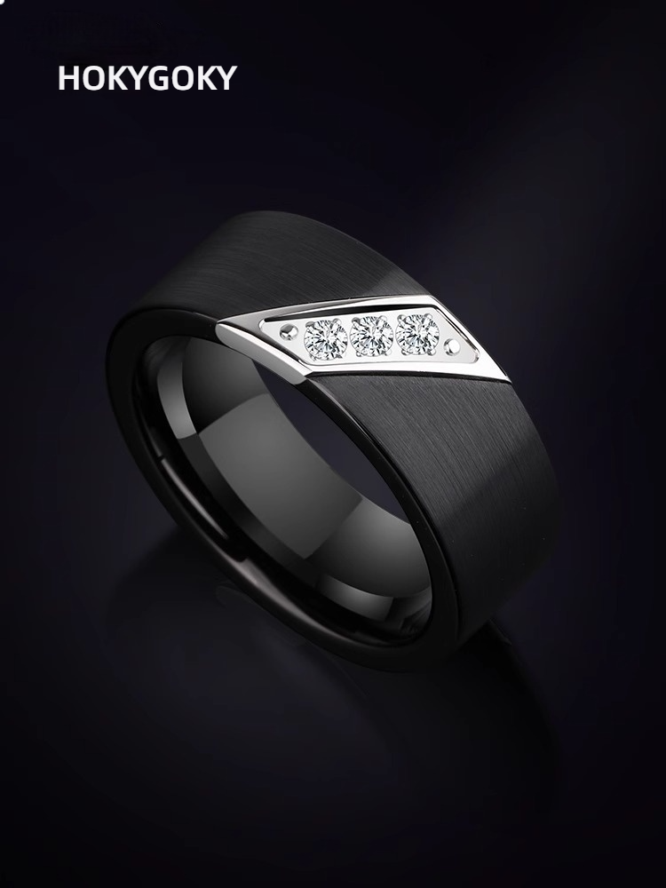 8mm Men's Tungsten Ring Matte Black Hand Jewelry Ring Fashionable Trendy Men's Personalized Engraving Index Finger Niche Jewelry Tungsten Ring, Inlaid With Zirconia, Strong And Wear-Resistant, Luxurious Experience