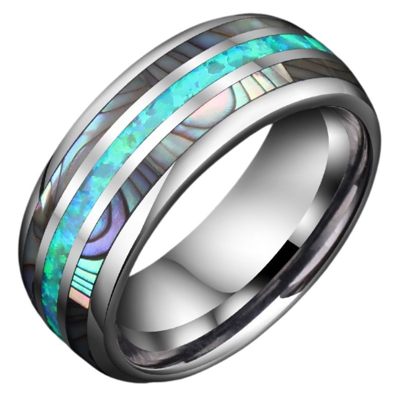 8mm Men's RingTrendy Niche Design, High-End Index Finger Ring, Light Luxury Ring, Pinky Ring, Men's Fashion Ring-857 Tungsten Gold Inlaid with Opal and Colorful Shells, Trendy and Durable