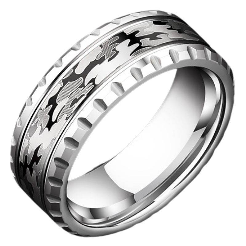 8mm Men's Ring Camouflage Tungsten Ring Index Finger Single Ring Middle Finger Trend Hip-Hop Ins Personality Domineering Retro Simple Tail Ring Durable and Fashionable