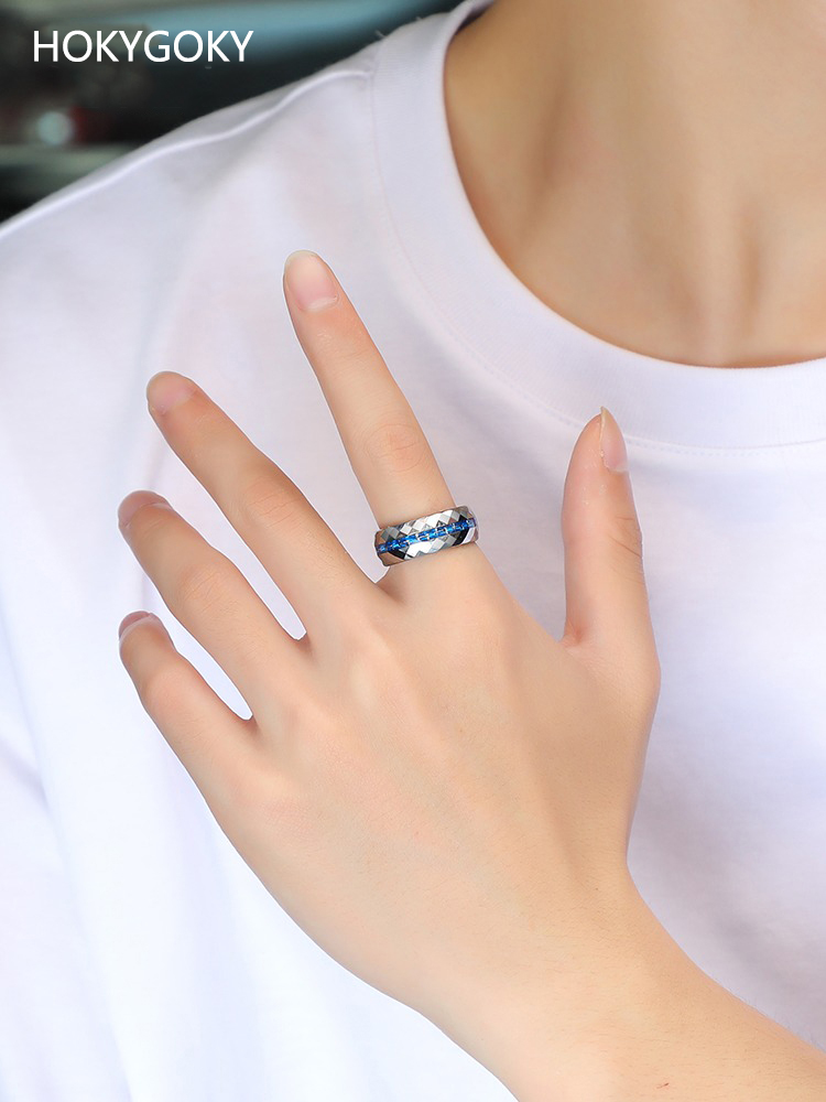 8mm Men's Ring Trendy Niche Design, Blue High-End Index Finger, Single Personality Fashion Ring, Gift for Boyfriend, Fashionable Men's Ring - 857 Tungsten Gold Inlaid with Blue Carbon Fiber, Trendy and Durable