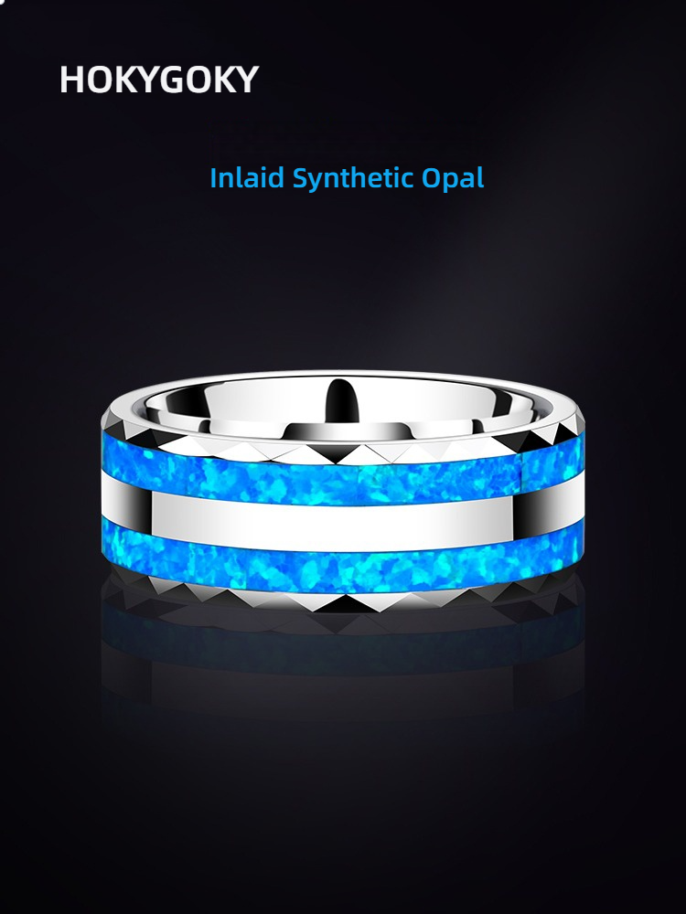 8mm Men's Opal Tungsten Gold Blue High-End Light Luxury Single Index Finger Trendy Ring Personality Fashion Men's Ring - 857 Tungsten Gold Inlaid Blue Synthetic Opal, Scratch-Resistant and Wear-Resistant