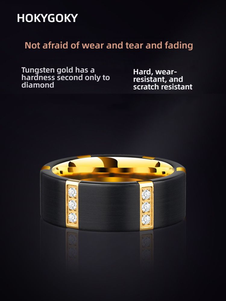 8mm Men's Zircon Ring Trendy Personality Index Finger Couple Tungsten Steel Black Wide Version Ring Tungsten Gold Men's Ring, Six Rows of Zircon Inlay, Strong and Wear-Resistant, Fashionable and Luxurious, Support Engraving