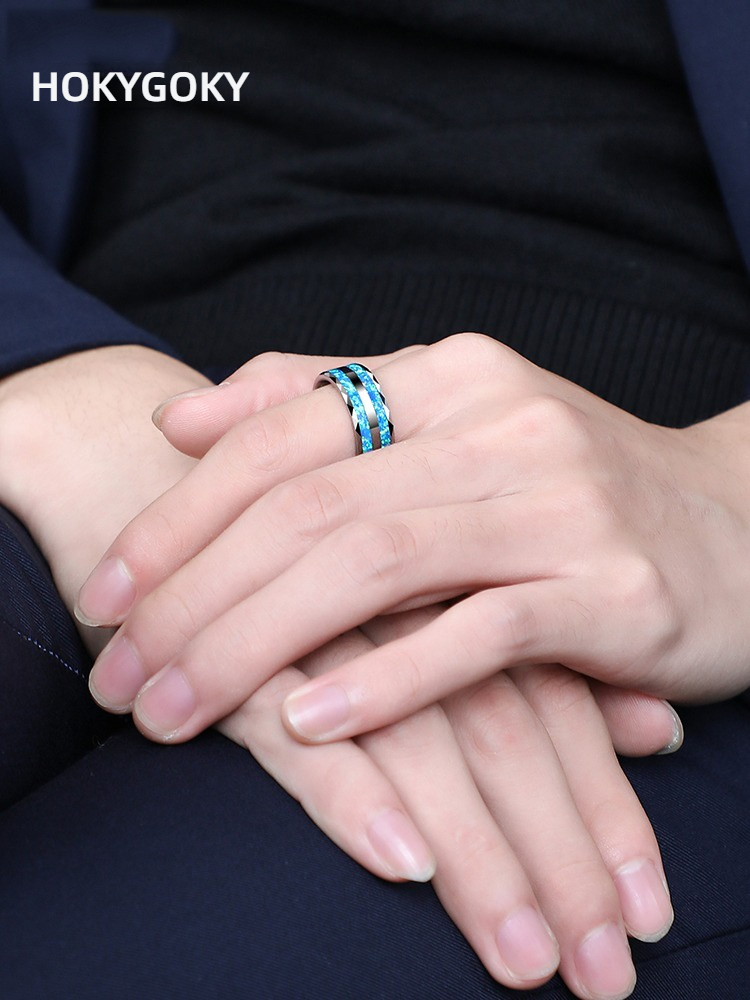 8mm Men's Opal Tungsten Gold Blue High-End Light Luxury Single Index Finger Trendy Ring Personality Fashion Men's Ring - 857 Tungsten Gold Inlaid Blue Synthetic Opal, Scratch-Resistant and Wear-Resistant