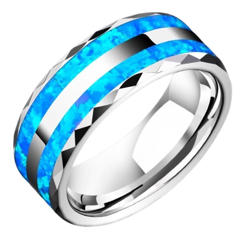 8mm Men's Opal Tungsten Gold Blue High-End Light Luxury Single Index Finger Trendy Ring Personality Fashion Men's Ring - 857 Tungsten Gold Inlaid Blue Synthetic Opal, Scratch-Resistant and Wear-Resistant