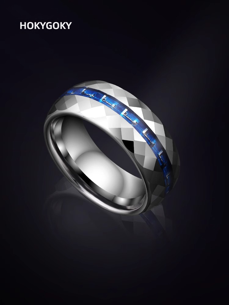 8mm Men's Ring Trendy Niche Design, Blue High-End Index Finger, Single Personality Fashion Ring, Gift for Boyfriend, Fashionable Men's Ring - 857 Tungsten Gold Inlaid with Blue Carbon Fiber, Trendy and Durable