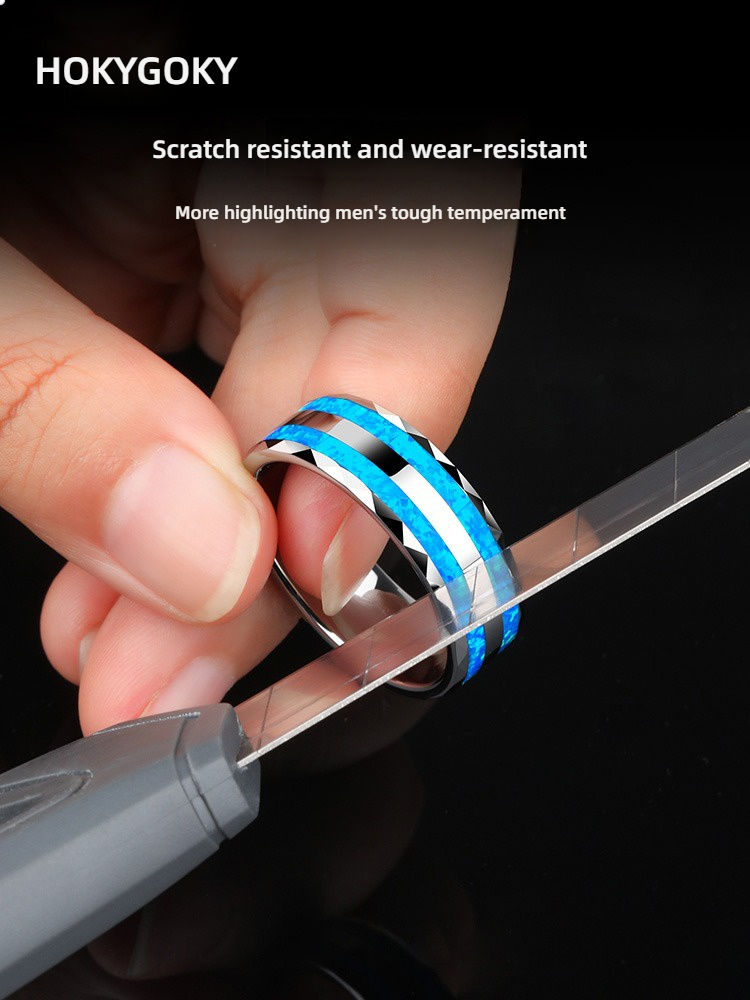 8mm Men's Opal Tungsten Gold Blue High-End Light Luxury Single Index Finger Trendy Ring Personality Fashion Men's Ring - 857 Tungsten Gold Inlaid Blue Synthetic Opal, Scratch-Resistant and Wear-Resistant