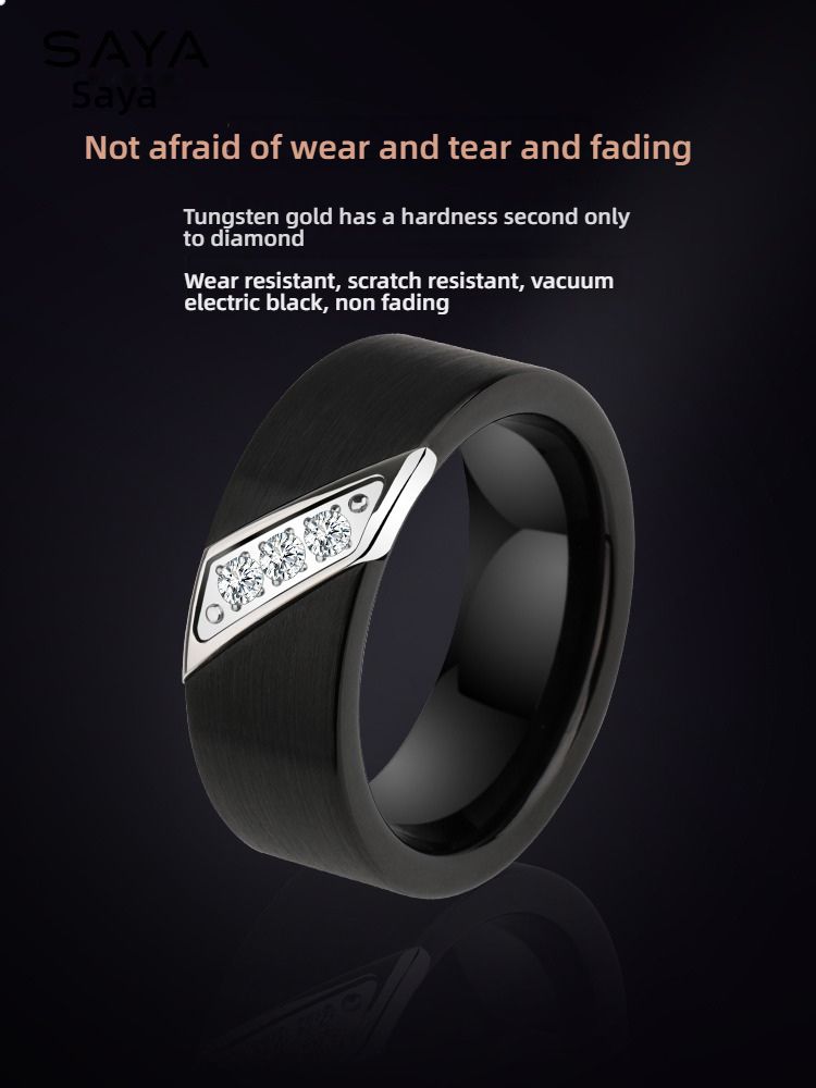 8mm Men's Tungsten Ring Matte Black Hand Jewelry Ring Fashionable Trendy Men's Personalized Engraving Index Finger Niche Jewelry Tungsten Ring, Inlaid With Zirconia, Strong And Wear-Resistant, Luxurious Experience