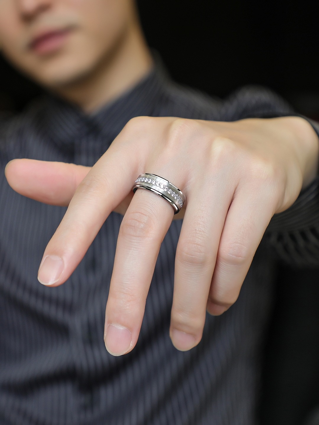 8mm 360 Degree Rotating Tungsten Ring for Men Lucky Index Finger Single Diamond Ring Personality Ring Trendy Inlaid Zircon Starry Sky Fashionable and Durable