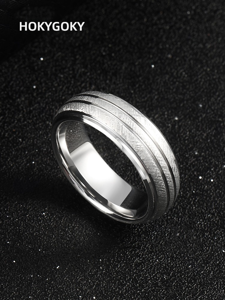 8mm Men's Ring Corrugated Tungsten Gold High-End Personality Versatile Silver Ring Simple and Fashionable Index Finger Trend Single 857 Tungsten Gold Men's Ring, Classic Brushed, Wear-Resistant and Skin-Friendly