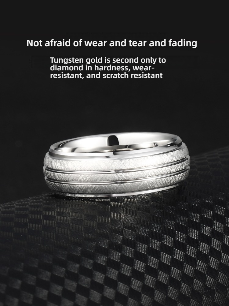 8mm Men's Ring Corrugated Tungsten Gold High-End Personality Versatile Silver Ring Simple and Fashionable Index Finger Trend Single 857 Tungsten Gold Men's Ring, Classic Brushed, Wear-Resistant and Skin-Friendly