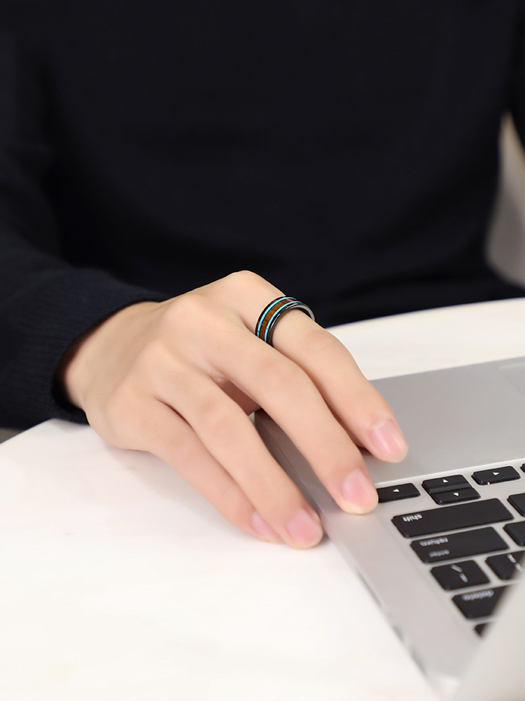 8mm Ceramic Acacia Wooden Ring Turquoise Pattern Men's Trendy Light Luxury Niche Ring Exquisite Index Finger Personality Pinky Ring Blue Embellishment Retro Elegance