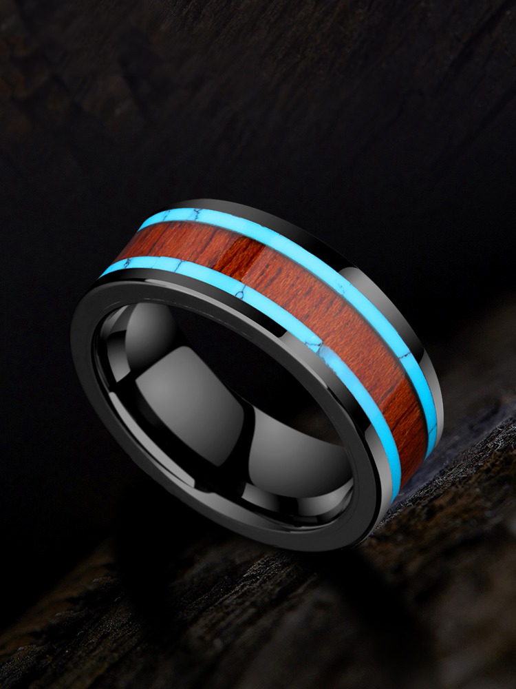 8mm Ceramic Acacia Wooden Ring Turquoise Pattern Men's Trendy Light Luxury Niche Ring Exquisite Index Finger Personality Pinky Ring Blue Embellishment Retro Elegance