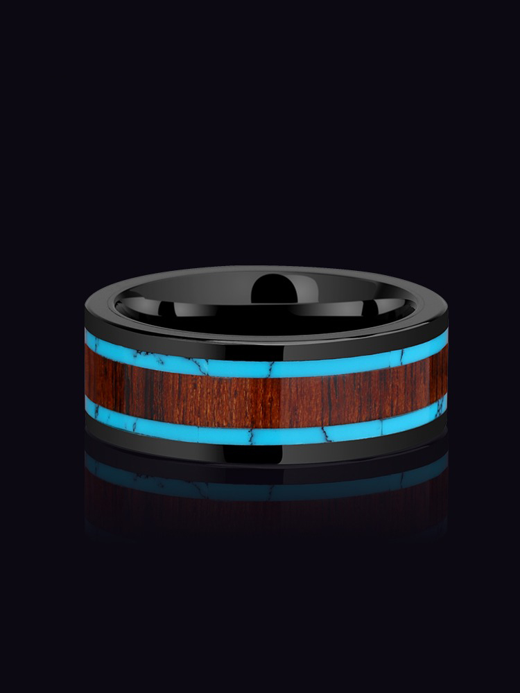 8mm Ceramic Acacia Wooden Ring Turquoise Pattern Men's Trendy Light Luxury Niche Ring Exquisite Index Finger Personality Pinky Ring Blue Embellishment Retro Elegance