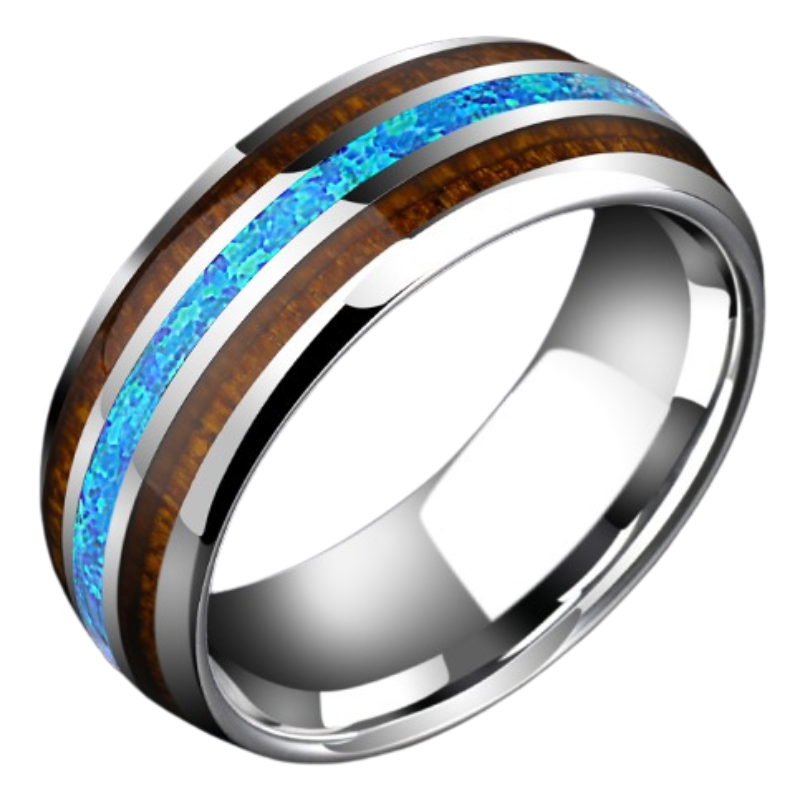 8mm Splendor Tungsten Ring Acacia Wood Ring Men's Trendy Light Luxury Opal Index Finger Ring Personality Versatile Niche Fashion Singles Ring