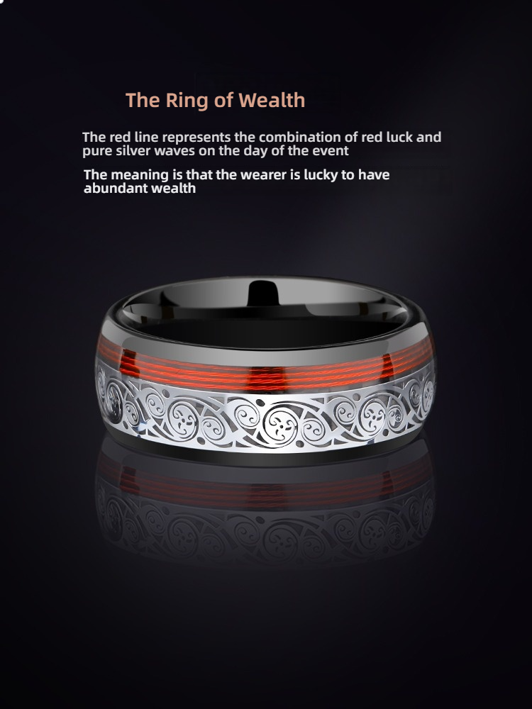 8mm Unisex Ring Trendy Personality Fashion Single Index Finger Pinky Ring No Fading Red Rope Fortune Men's Ring Wealth Ring - Made of Tungsten Gold, Meaning Good Fortune, Fashionable Men's Must-Have Accessories