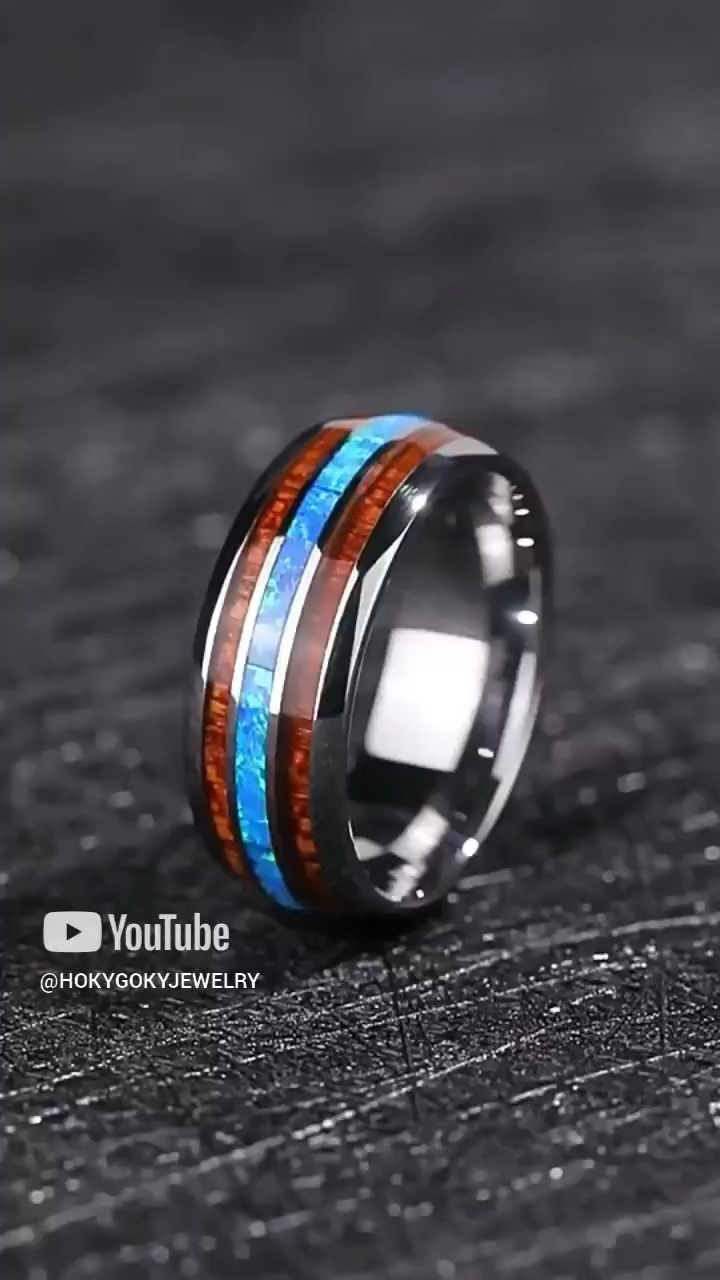 8mm Splendor Tungsten Ring Acacia Wood Ring Men's Trendy Light Luxury Opal Index Finger Ring Personality Versatile Niche Fashion Singles Ring