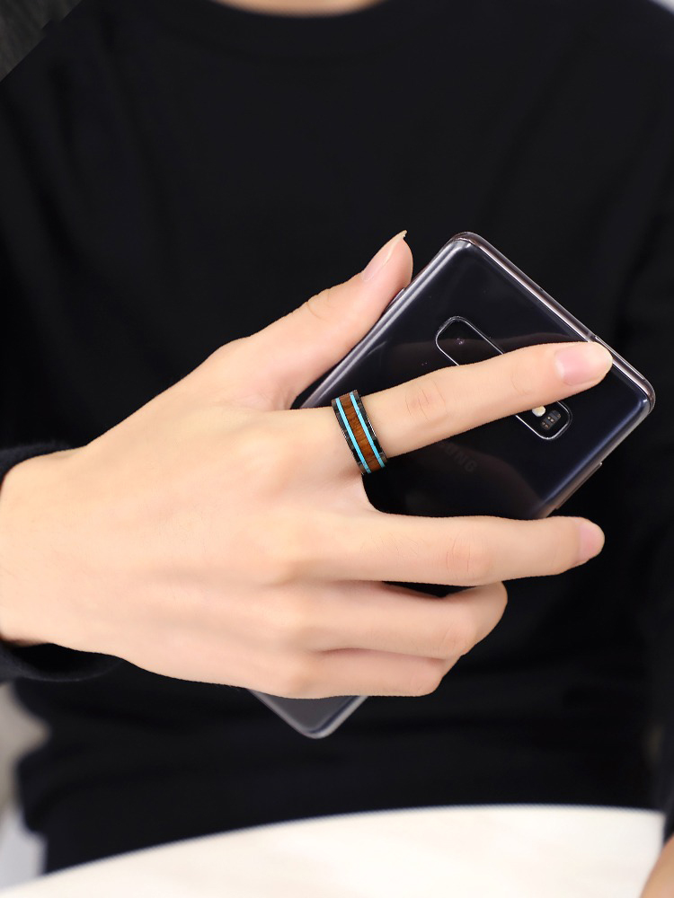 8mm Ceramic Acacia Wooden Ring Turquoise Pattern Men's Trendy Light Luxury Niche Ring Exquisite Index Finger Personality Pinky Ring Blue Embellishment Retro Elegance