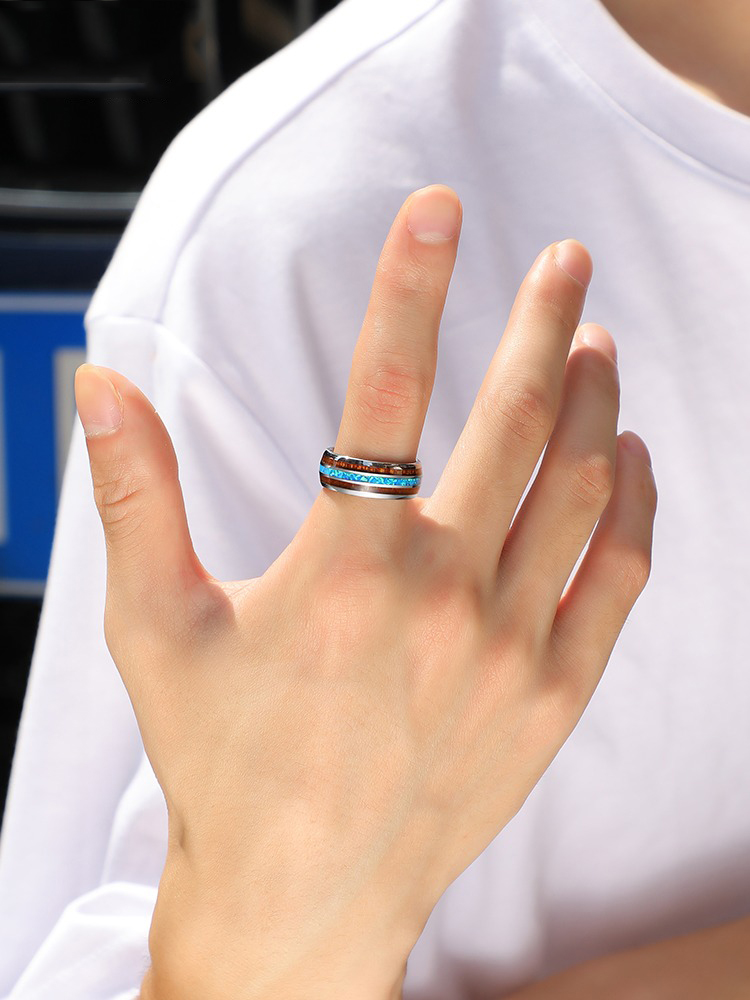 8mm Splendor Tungsten Ring Acacia Wood Ring Men's Trendy Light Luxury Opal Index Finger Ring Personality Versatile Niche Fashion Singles Ring