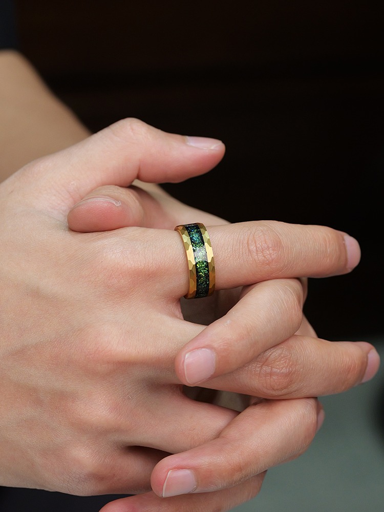 8mm Green Men's Tungsten Ring High-end Trendy Men's Fashion All-match Index Finger Single Ring Personality Niche Women High Hardness Durable
